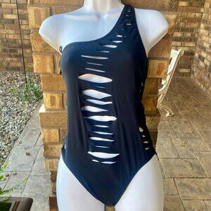 Red Carter one shoulder cut out black swimsuit; Size S NWOT
